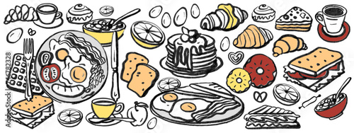 Hand drawn engraved style breakfast design. Doodle. Morning food and hot drinks menu vector template. 