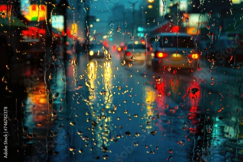 A city street at night, drenched in rain, is bustling with traffic. Cars, buses, and pedestrians navigate through the wet streets, creating a dynamic and busy scene