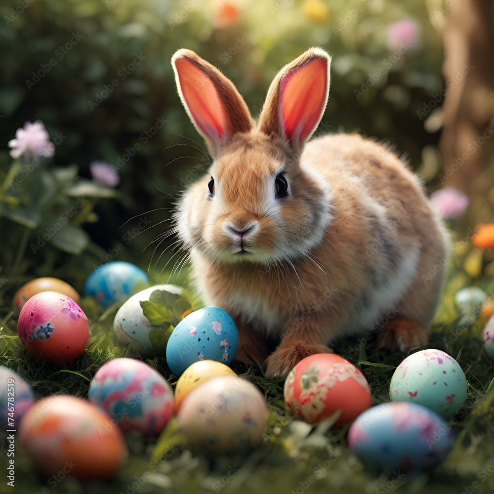 A charming bunny with large, attentive ears sits amidst colorful Easter eggs in a vibrant garden blooming with flowers. The image exudes a warm, festive atmosphere