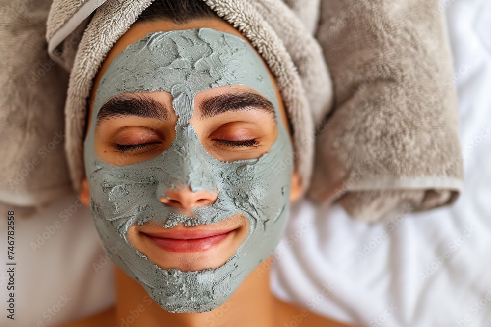 A woman is relaxing with a towel wrapped around her head and a face mask applied. She exudes a sense of serenity and self-care