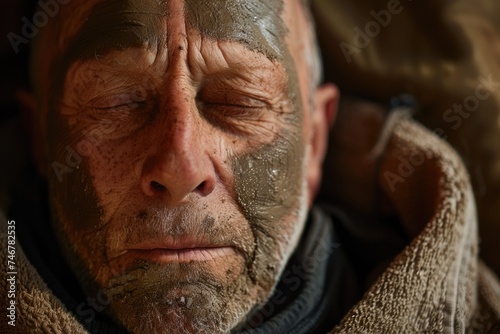 An elderly man with a serene expression, covered in a mud mask for skincare treatment