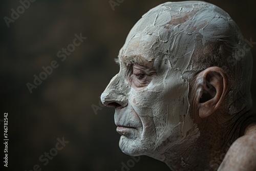 An elderly man with a serene expression, his face adorned with white paint, exuding a sense of peace and tranquility