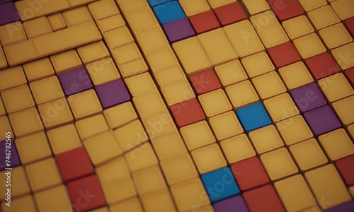 A close-up view of a puzzle made up of golden, blue, and purple blocks. The pattern creates a sense of complexity and challenge. AI Generative