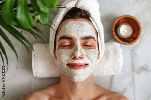 A tranquil man peacefully receives a facial mask application, enjoying a moment of relaxation and self-pampering