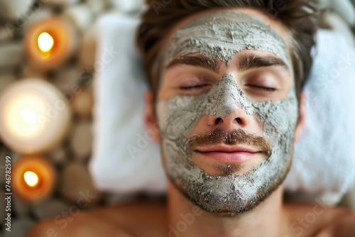 A man relaxes with a cosmetic clay mask applied to his face, enjoying a moment of self-care and rejuvenation