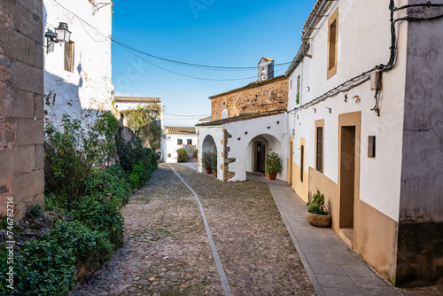 Picturesque streets with whitewashed houses in the Jewish quarter of Caceres  Extremadura