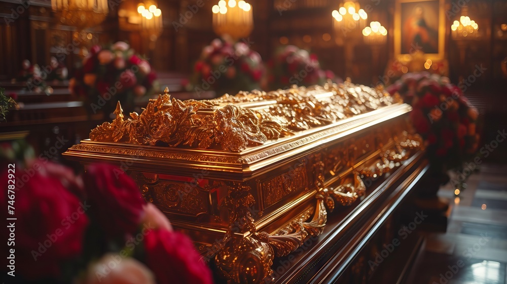 The image shows a luxurious coffin, decorated with gold designs and surrounded by many bright flowers. The coffin is located in a room with architecture,
Concept: funeral, funeral of a king monarch, f - obrazy, fototapety, plakaty 