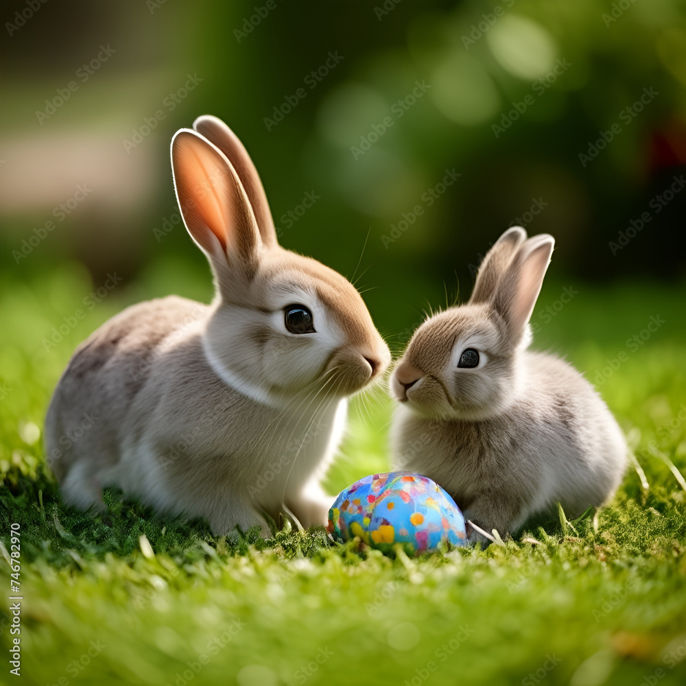 A charming bunny with large, attentive ears sits amidst colorful Easter eggs in a vibrant garden blooming with flowers. The image exudes a warm, festive atmosphere A charming bunny with large, attentive ears sits amidst colorful Easter eggs in a vibrant garden blooming with flowers. The image exudes a warm, festive atmosphere
