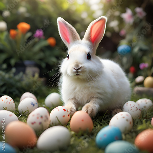 A charming white bunny with large, attentive ears sits amidst colorful Easter eggs in a vibrant garden blooming with flowers. The image exudes a warm, festive atmosphere © lexmomot