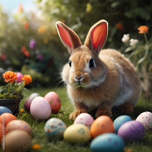 A charming bunny with large  attentive ears sits amidst colorful Easter eggs in a vibrant garden blooming with flowers. The image exudes a warm  festive atmosphere.