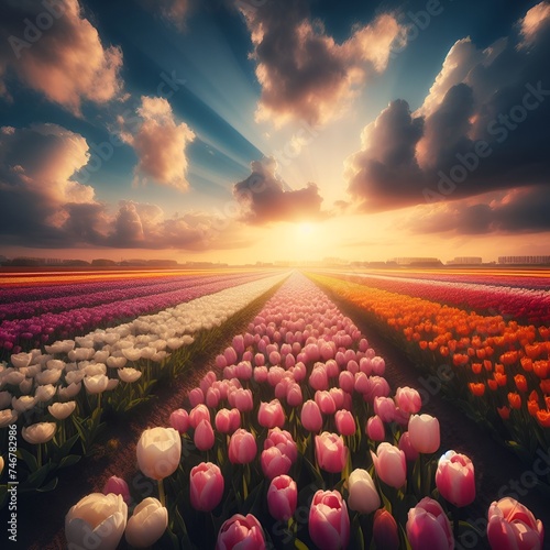 A breathtaking view of endless rows of vibrant, colorful tulips under a dramatic sky with fluffy clouds. 