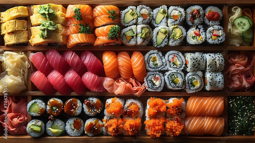 Sushi rolls on a wooden serving board Sushi rolls on a wooden serving board