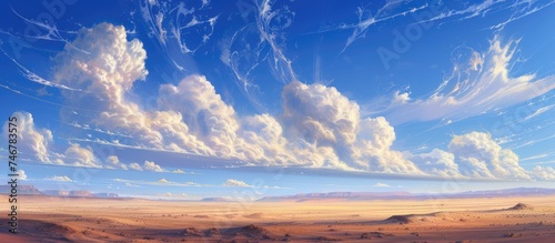 The painting depicts a vast desert landscape under a sky filled with mesmerizing clouds. The meeting of the ethereal clouds and endless desert sands creates a captivating scene.
