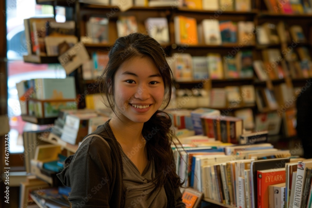 A young woman stands confidently in front of a charming bookshelf filled with a diverse collection of books. A young woman stands confidently in front of a charming bookshelf filled with a diverse collection of books.