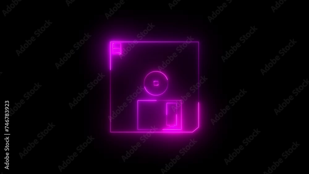 Neon glowing pink diskette icon animation in black background Neon glowing pink diskette icon animation in black background