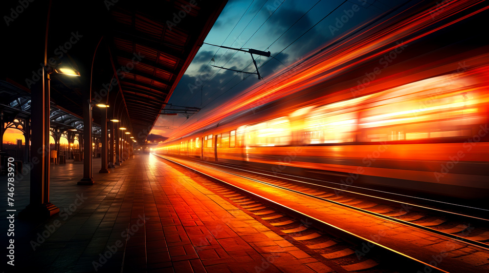 Speeding Train at Dusk, Urban Transit in Motion created with Generative AI technology