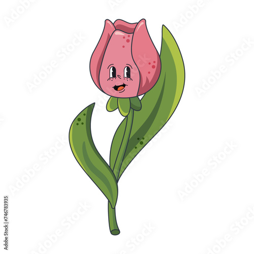 Tulip, freesia, cartoon flower of early spring, March 1, March 7, March 8. Laughing flower with cheerful eyes. Vector illustration of a spring flower - a tulip. Vector doodle happy laughing 