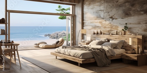 AI Generated. AI Generative. Wabi sabi villa hotel room apartment in wooden minimal style with big wndow and sea ocean view background landscape. Relaxing vacation vibe. Graphic Art © Graphic Warrior