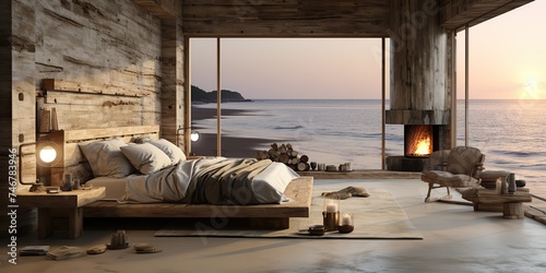 AI Generated. AI Generative. Wabi sabi villa hotel room apartment in wooden minimal style with big wndow and sea ocean view background landscape. Relaxing vacation vibe. Graphic Art