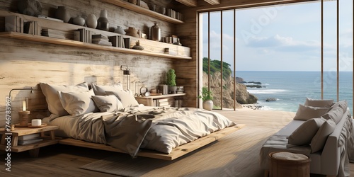 AI Generated. AI Generative. Wabi sabi villa hotel room apartment in wooden minimal style with big wndow and sea ocean view background landscape. Relaxing vacation vibe. Graphic Art © Graphic Warrior