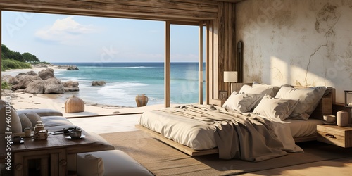 AI Generated. AI Generative. Wabi sabi villa hotel room apartment in wooden minimal style with big wndow and sea ocean view background landscape. Relaxing vacation vibe. Graphic Art