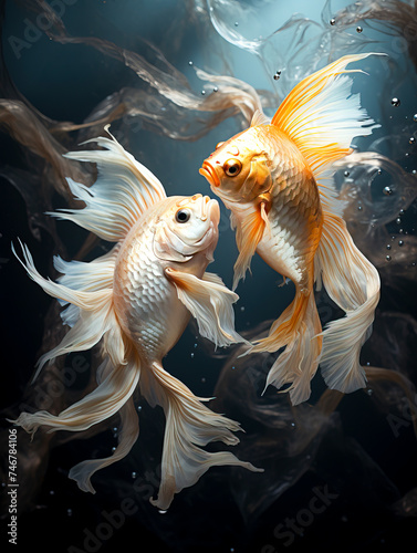 Graceful Goldfish Duo Gliding in Water, an Aquatic Dance created with Generative AI technology
