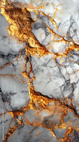 A sophisticated top view of a marble canvas where veins of gold and silver organically interweave suggesting luxury and elegance. Vertical orientation. 