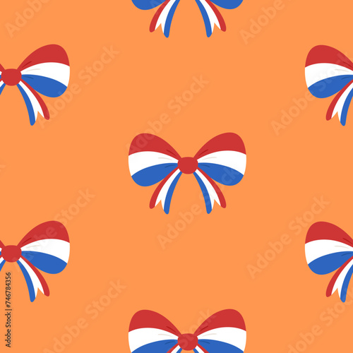 Seamless pattern with bows in colors of Dutch flag on orange background. Koningsdag (King's Day) celebration theme. Vector illustration. 