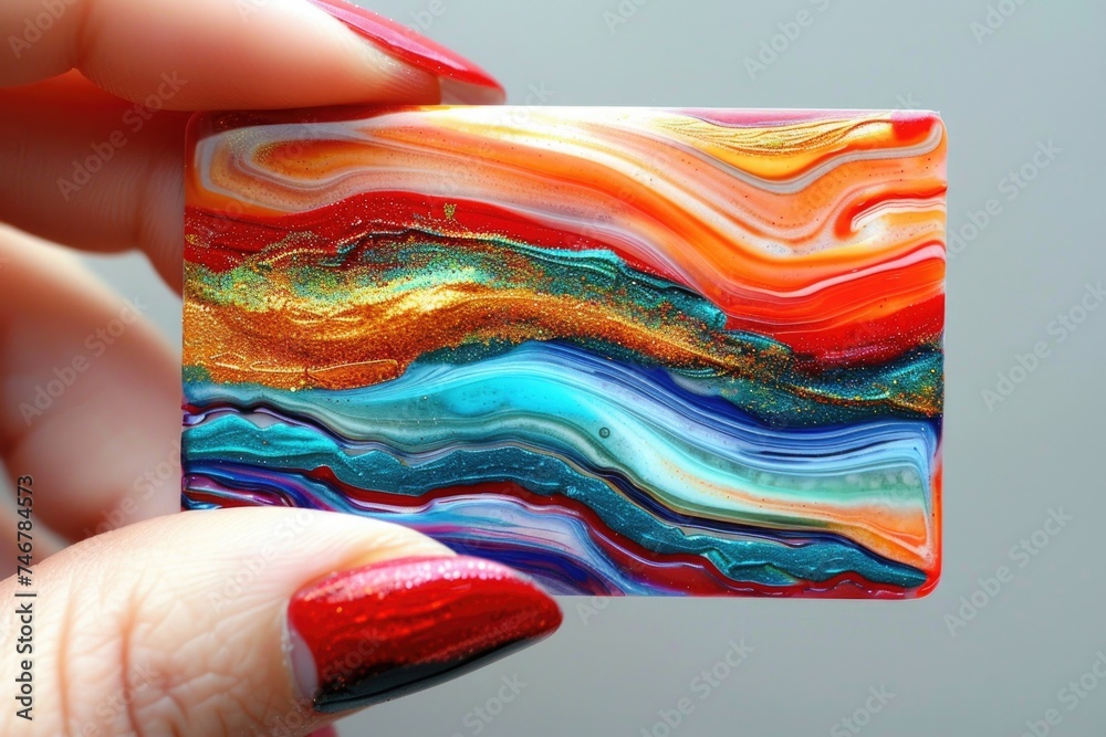 A hand delicately grasping a stunning piece of art glass, showcasing intricate patterns and vibrant colors.  