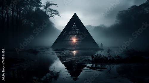 Mystical Pyramid Structure in Foggy Waterscape at Dusk  created with Generative AI technology