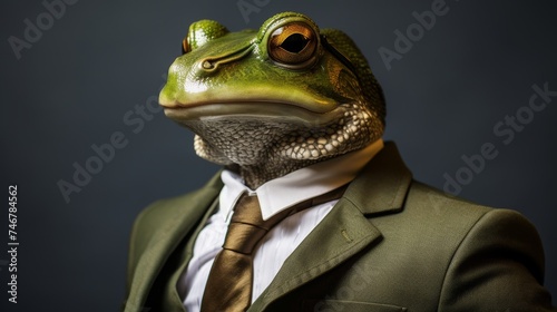 Corporate frog in business suit, anthropomorphic concept, studio shot with copy space