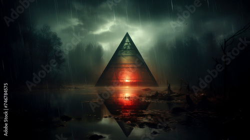 Mystical Pyramid Structure in Foggy Waterscape at Dusk, created with Generative AI technology
