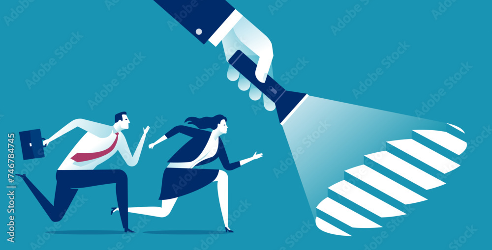 Uncovering career steps. A hand holding a flashlight uncovering hidden ...