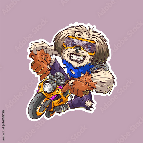 Shih tzu breed dog rides a motorbike. Sticker style. Hand drawn vector illustration. 