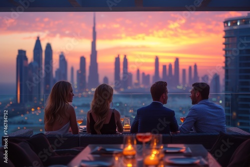 Friends sitting on a rooftop with a drink and a table set for dinner with incredible views of the city skyline at sunset photo