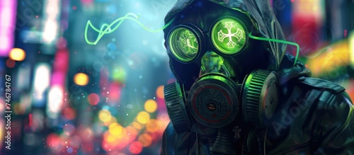 Futuristic woman cyberpunk, gas mask, green glasses on blur night street. AI generated