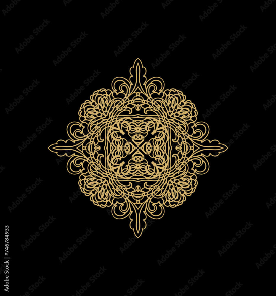 Ornamental golden laced rosette composition, vignette on dark background

