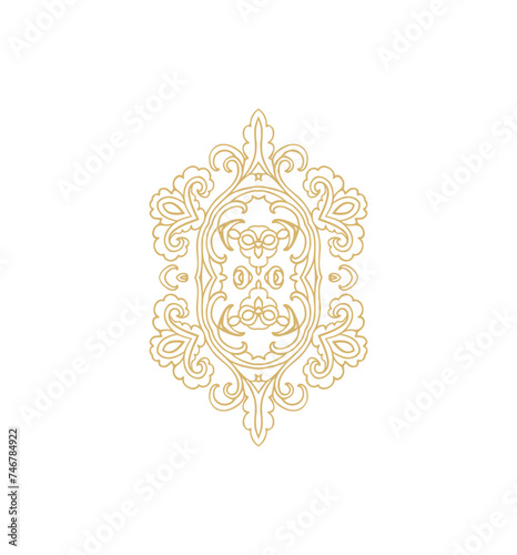 Ornamental golden laced floral composition, vignette on white background