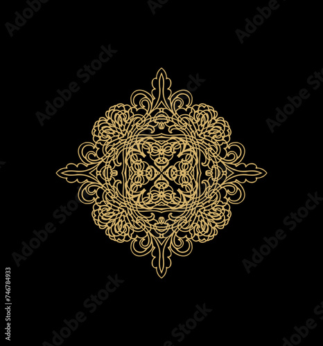 Ornamental golden laced rosette composition, vignette on dark background

