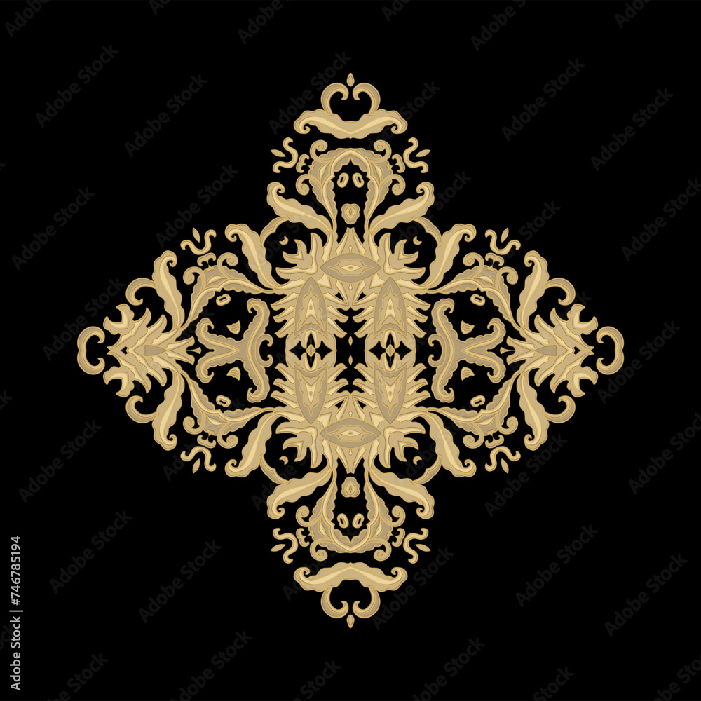 Ornamental golden laced rosette composition, vignette on dark background