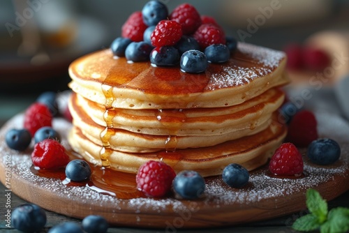 A tempting stack of pancakes topped with juicy blueberries and raspberries, ready to satisfy your breakfast cravings.