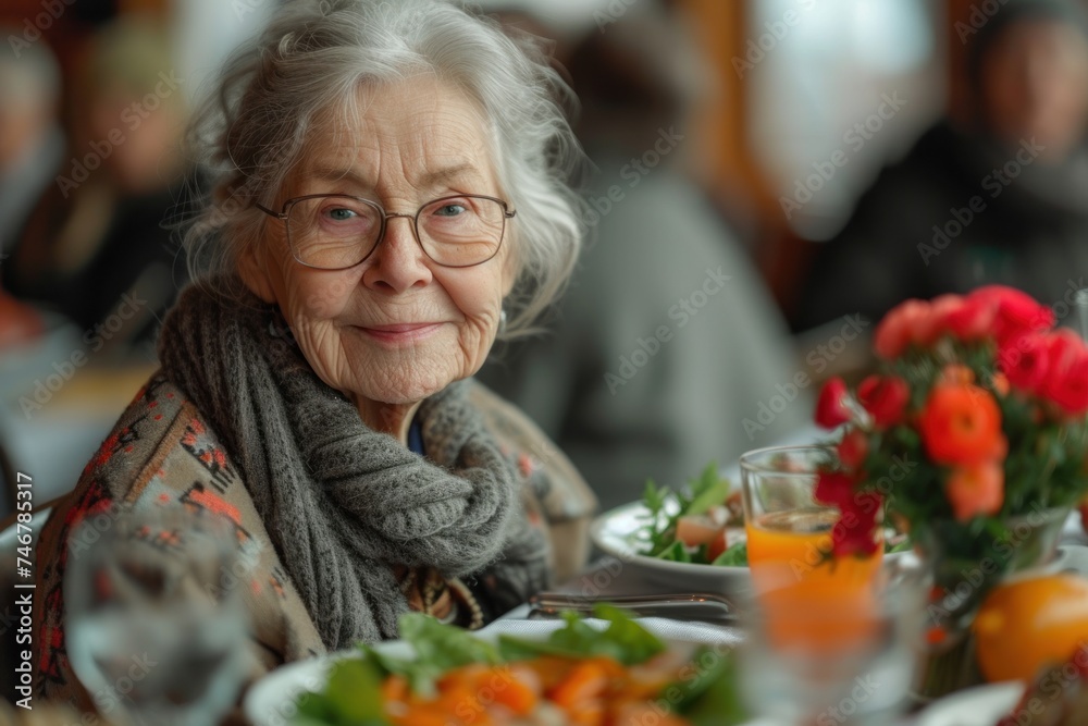 An elderly woman is seated at a table, savoring a plate of nutritious food.