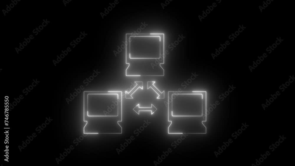 Neon glowing white computer network icon animation in black background Neon glowing white computer network icon animation in black background