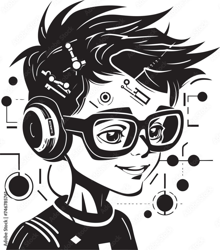 Obraz premium Future Tech Guru Engineering Cyber Tech Kid Emblem in Black Vector Graphic Digital Prodigy Black Logo with Inventive Tech Kid Vector Icon Design