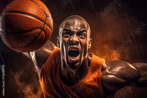 Aggressive basketball player in action on dark background. © spyrakot