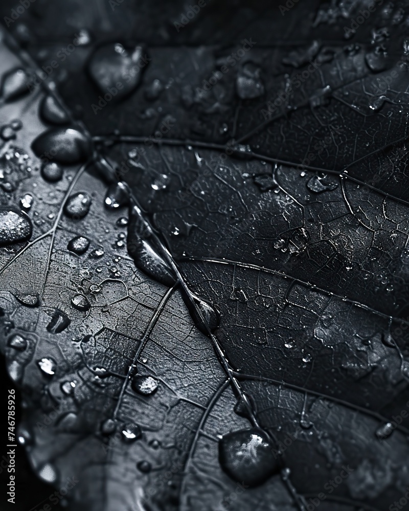 Fototapeta premium Macro shot of water drops on black leaf. Nature background. A close-up photograph capturing the delicate details of frozen water droplets on a leaf, emphasizing the mesmerizing patterns