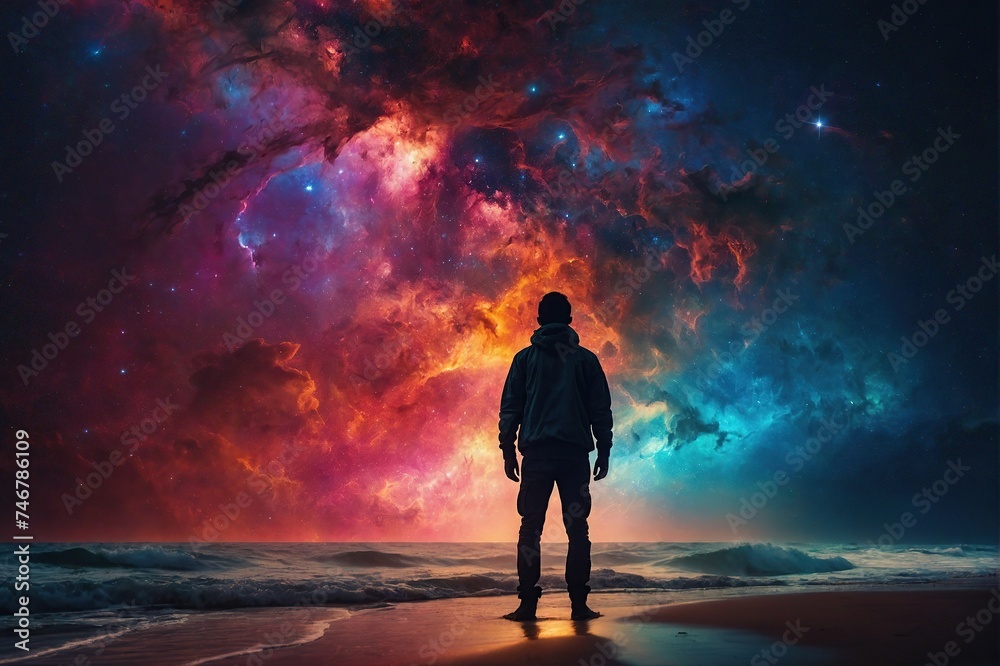 Fototapeta premium A person silhouetted against a vibrant cosmic backdrop