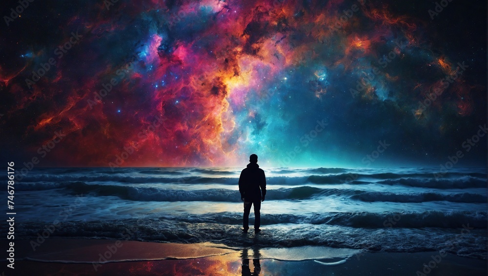 Fototapeta premium A person silhouetted against a vibrant cosmic backdrop