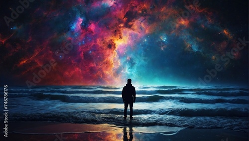 A person silhouetted against a vibrant cosmic backdrop