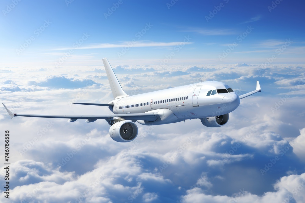 Passenger airplane gliding serenely above clouds in aerial view